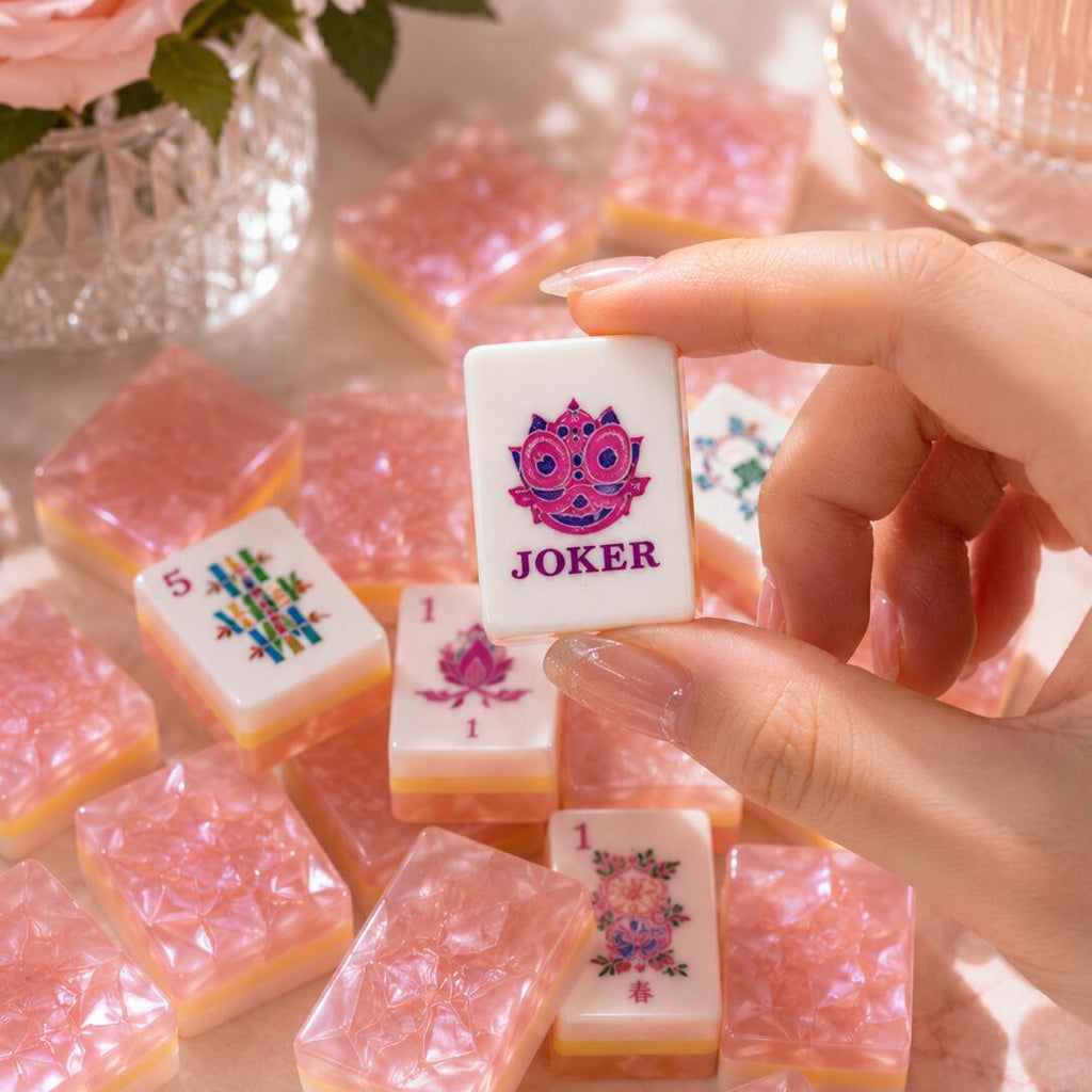 Pink Diamond Mahjong Tiles - close-up of precision-engraved suit symbols