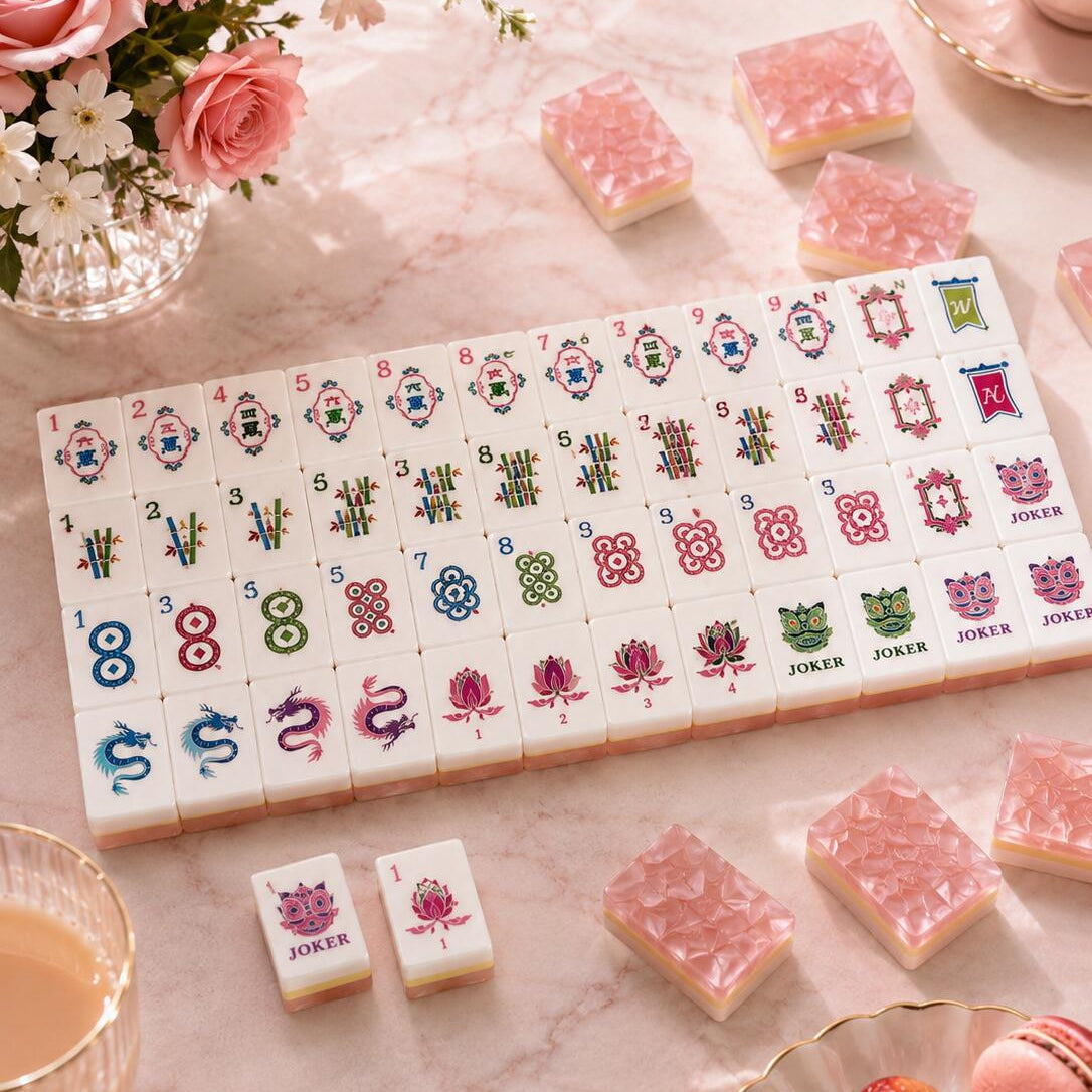 Pink Diamond Mahjong Tiles - full set view, rose-pink shimmer acrylic tiles