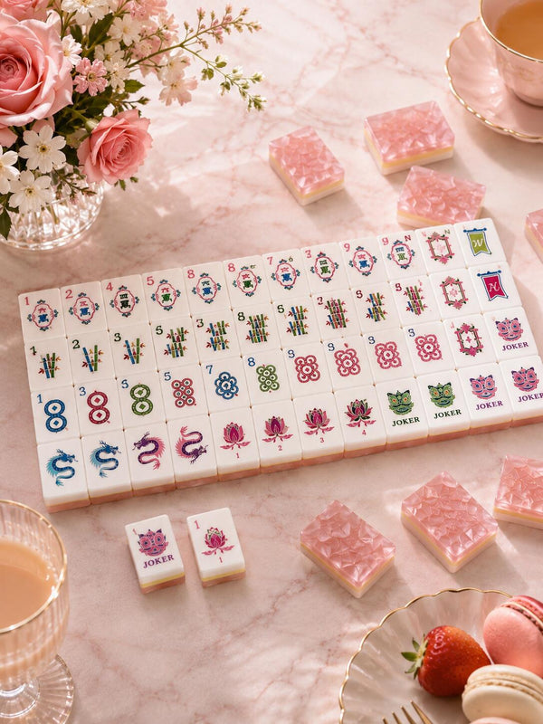 Pink Diamond Mahjong Tiles - full set view, rose-pink shimmer acrylic tiles