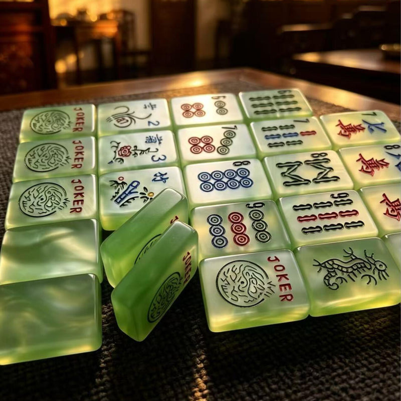 Serene Jade Mahjong Tiles - jade marble finish detail, pearlescent shimmer