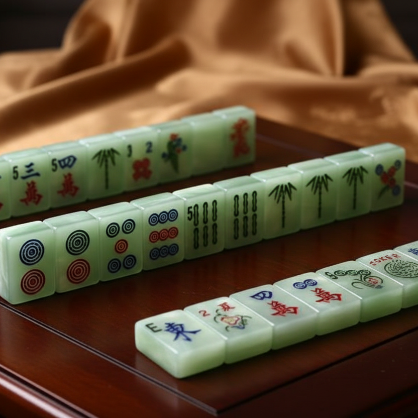 Serene Jade Mahjong Tiles - mahjong game scene with jade-marble tiles