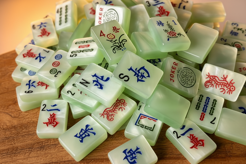 Serene Jade Mahjong Tiles - texture detail close-up, pearlescent jade finish