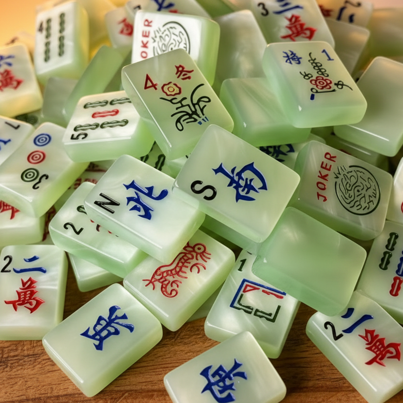 Serene Jade Mahjong Tiles - texture detail close-up, pearlescent jade finish