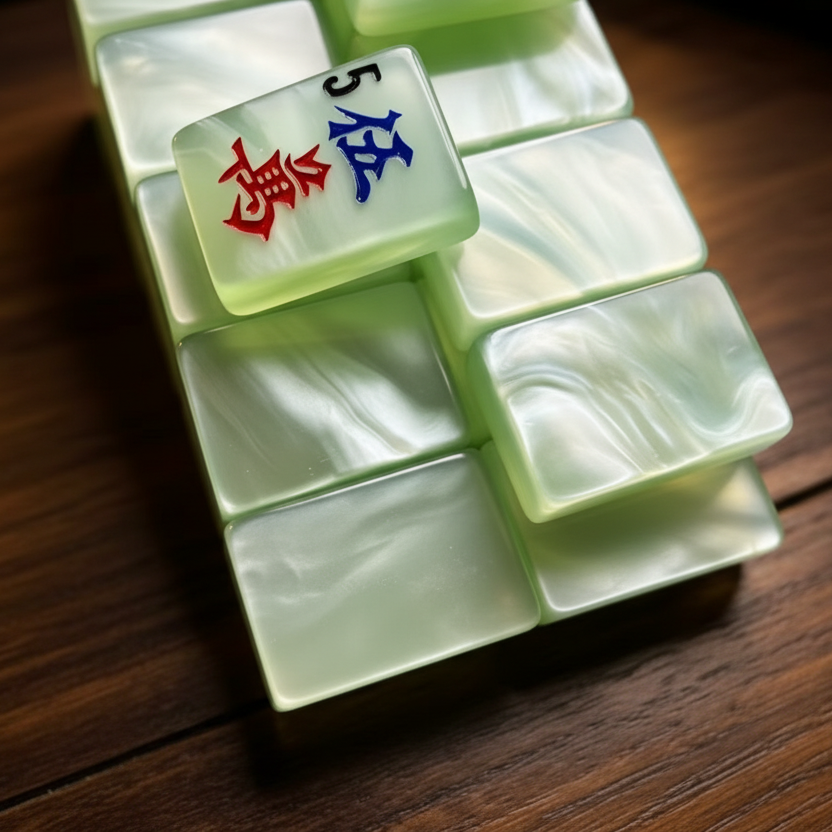 Serene Jade Mahjong Tiles - tiles stacked in tower formation on wood background