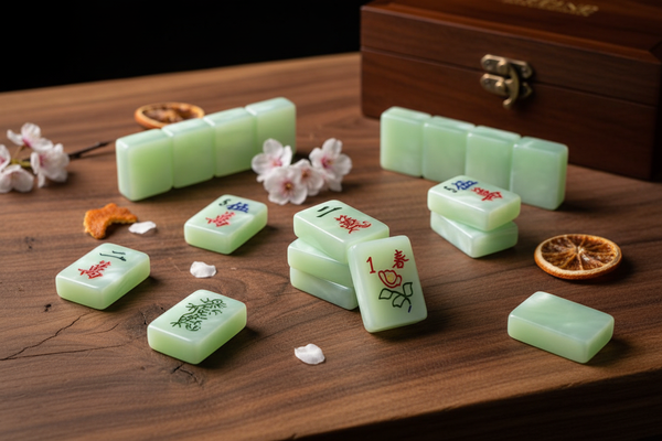 Serene Jade Mahjong Tiles - floral lifestyle shot on natural wood background