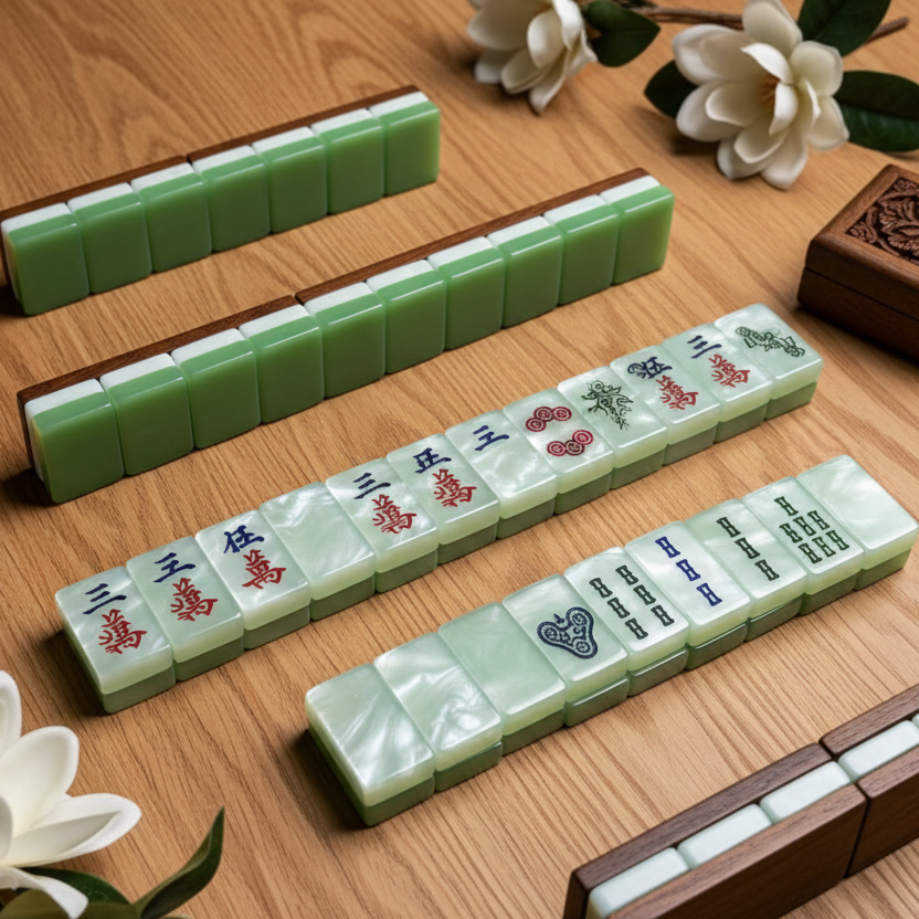 Serene Jade Mahjong Tiles - complete set display on natural wood background